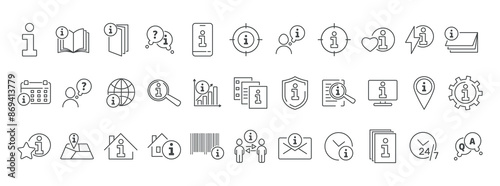 Information center line icon set. Guide, manual, help, hint, answer, tutorial, booklet, leaflet, search, settings, web, book, flyer, reception vector illustration. Editable Stroke.