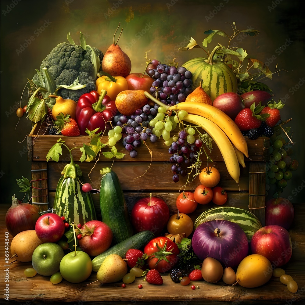 Bountiful Harvest of Ripe Juicy Organic Fruits and Vegetables in Rustic Wooden Crate Bountiful Harvest of Ripe Juicy Organic Fruits and Vegetables in Rustic Wooden Crate