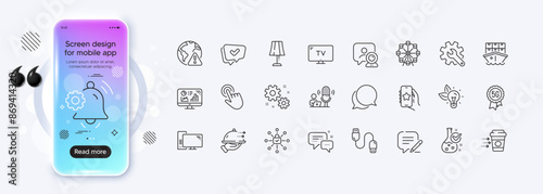 Customisation, Shipment and Analytics graph line icons for web app. Phone mockup gradient screen. Pack of Write, Podcast, Notification bell pictogram icons. Vector