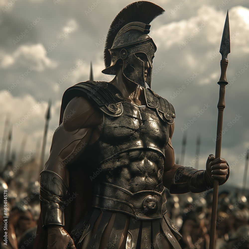 A muscular Greek hoplite stands on an ancient battlefield in armor, holding a spear, with black hair, helmet, cloudy sky. A muscular Greek hoplite stands on an ancient battlefield in armor, holding a spear, with black hair, helmet, cloudy sky.