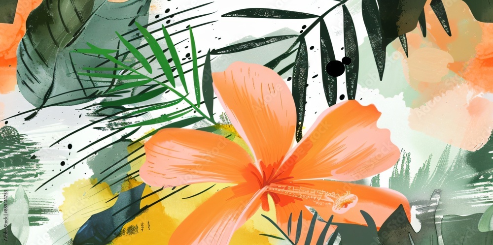 Fototapeta premium green leaf background with yellow flowers