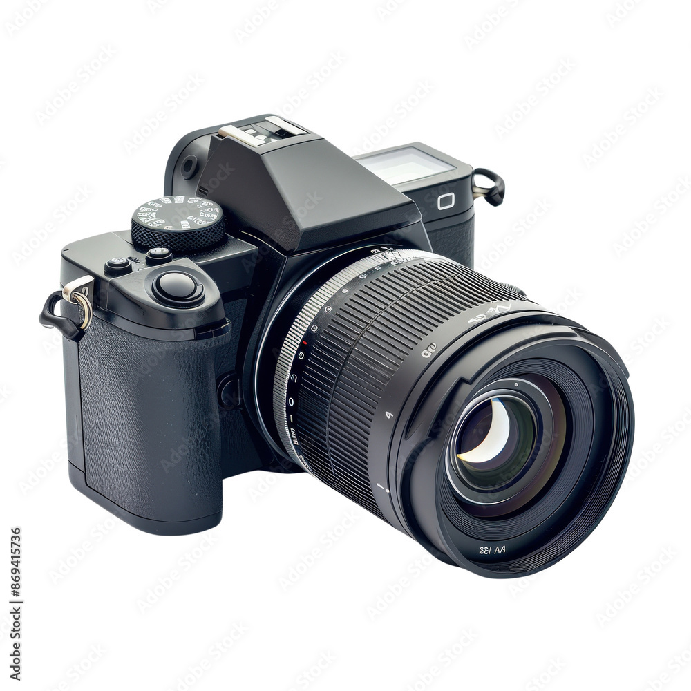 Fototapeta premium Close-up of a modern digital camera with a large lens, showcasing its sleek design and advanced features for high-quality photography.
