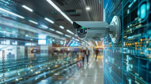 virtual CCTV camera system with real-time data streaming and machine learning analysis, mounted on a wall. The backdrop is a futuristic airport terminal filled with digital screens and smart devices.