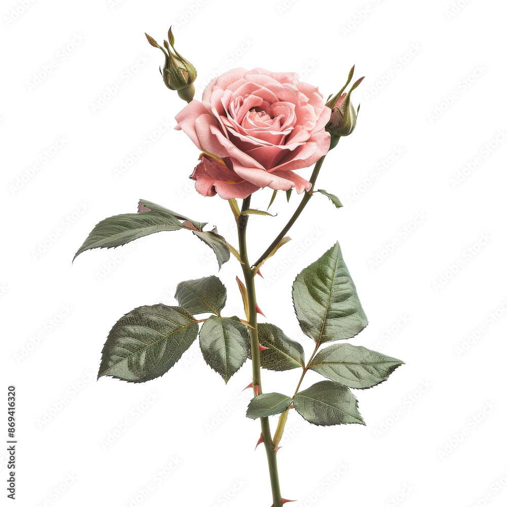 Delicate pink rose with green leaves and buds, beautifully captured in full bloom on a transparent background. Delicate pink rose with green leaves and buds, beautifully captured in full bloom on a transparent background.