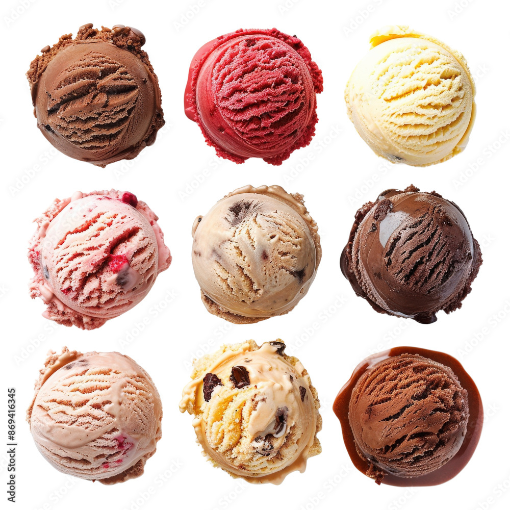 Delicious assortment of nine ice cream scoops in various flavors arranged in a grid. Perfect for summer and dessert-themed content. Delicious assortment of nine ice cream scoops in various flavors arranged in a grid. Perfect for summer and dessert-themed content.