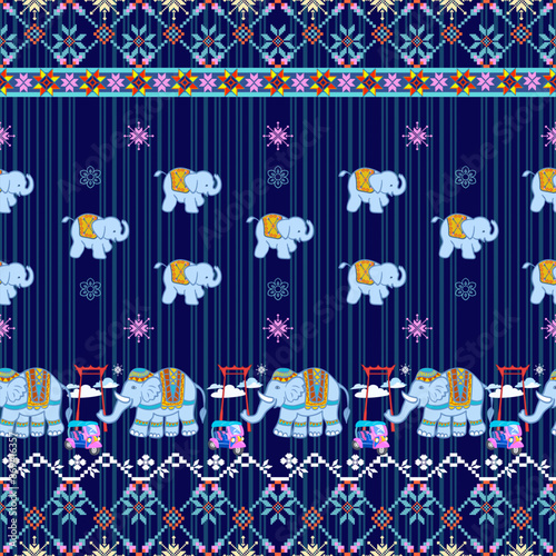traditional cloth pattern Ethnic sarong horizontally.Pixel Seamless Vector pattern using cartoon elephants,geometric   in various shapes. Seamless pattern Native tribal fabric Traditional cloth