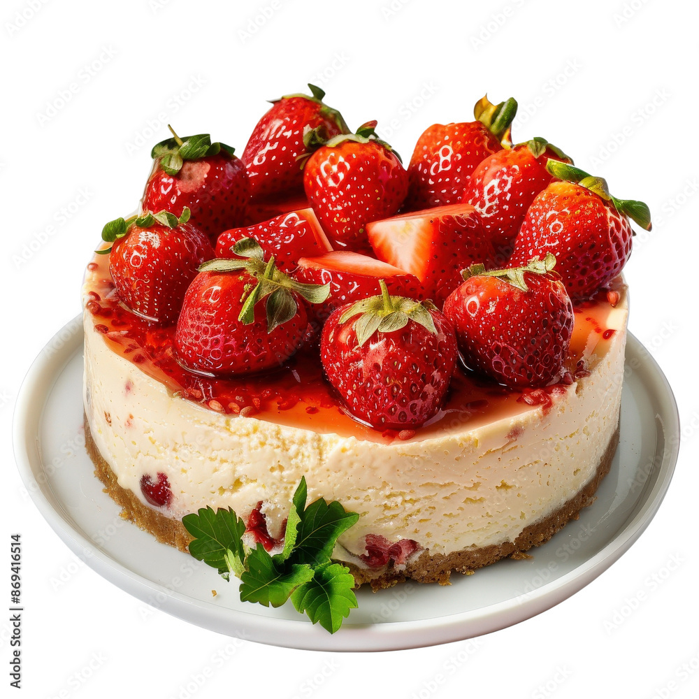Delicious cheesecake topped with fresh strawberries on a white plate, perfect dessert for any occasion. Sweet, creamy, and visually appealing. Delicious cheesecake topped with fresh strawberries on a white plate, perfect dessert for any occasion. Sweet, creamy, and visually appealing.