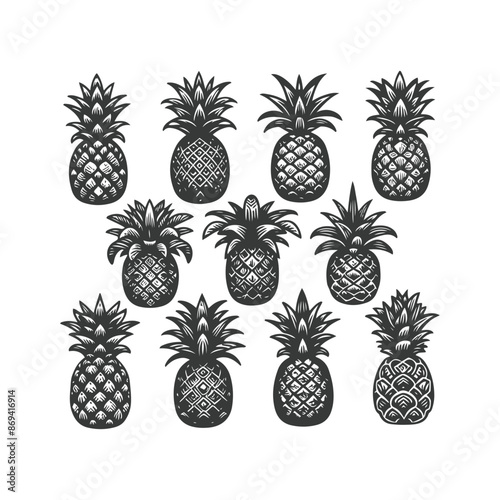  pineapple comosus fruitful isolated on white backdrop. Dark ink hand drawn picture in retro art print style. Vector pineapple fruit silhouettes isolated on white