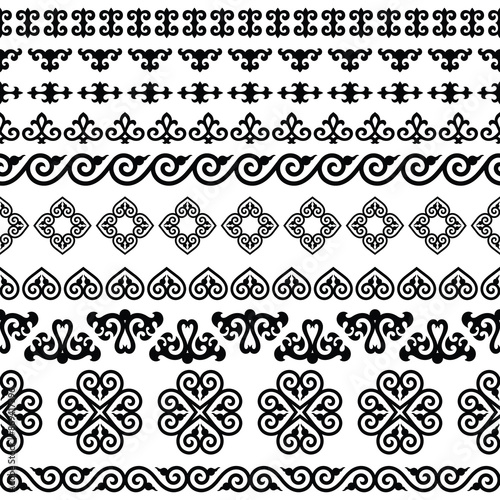 Set of ethnic borders, Mongolian vector ornament, seamless border, black on white background, vector design