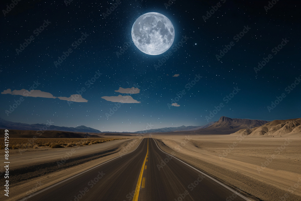 Fototapeta premium Picture a surreal landscape where a deserted highway stretches towards the horizon under a starry night sky