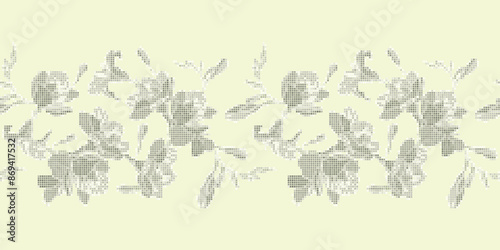 Beautiful monochrome pixel flowers on light yellow background. Seamless  geometric  vector Border with graphic illustration texture for wallpaper, home decor and fashion.