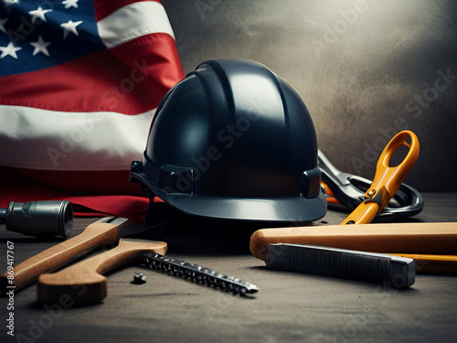 Happy labor day concept helmet and working tools background. Ai generative. photo