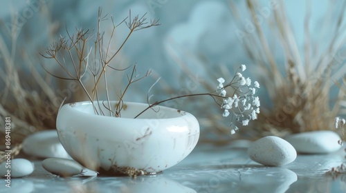 Minimalistic still life with dry flowers and stones photo