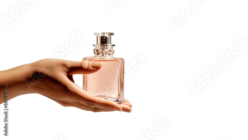Hand holding perfume jar cutout. Woman hand hold perfume bottle