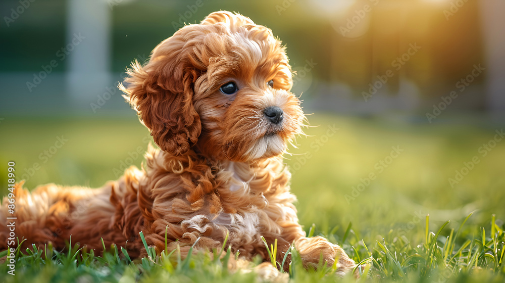 Cute fluffy maltipoo puppy in the green grass on a blurred background. Copy space. Veterinary, pet store concept. Cute fluffy maltipoo puppy in the green grass on a blurred background. Copy space. Veterinary, pet store concept.
