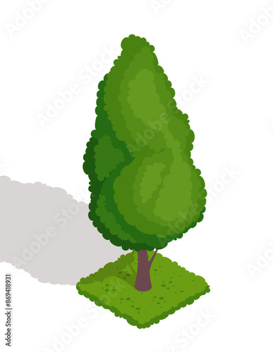 Isometric green tree. Icon with wild forest natural plant. Maple for landscape of park or garden. Flora and environment. Cartoon 3D vector illustration isolated on white background