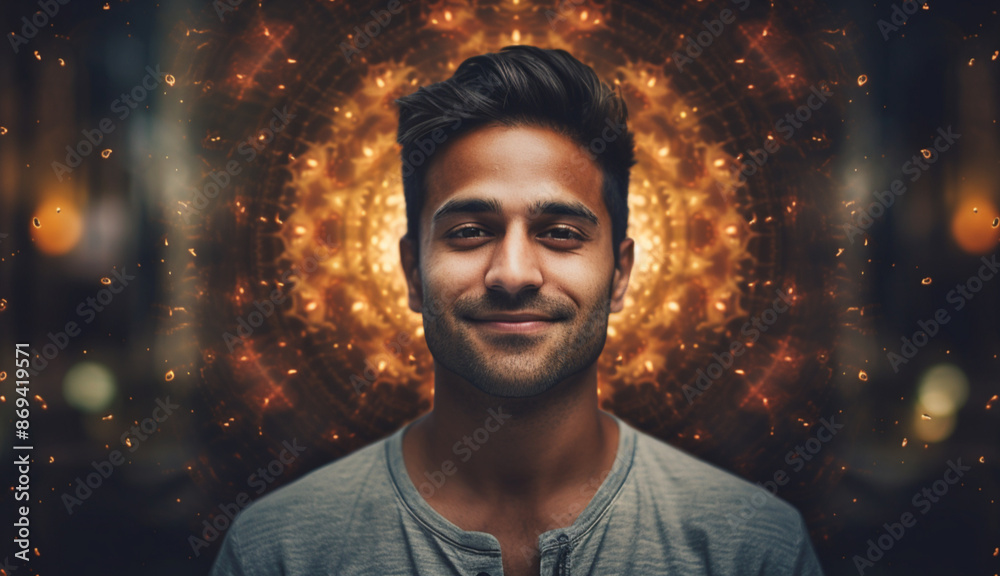Photo of a closeup cinematic portrait of a stylish 28-year-old American man of South Asian descent. Pleasant expression with a background collage of India, Chicago, and yoga. Photo of a closeup cinematic portrait of a stylish 28-year-old American man of South Asian descent. Pleasant expression with a background collage of India, Chicago, and yoga.