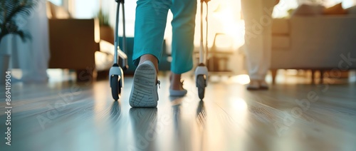 Close up of a woman in blue scrubs, walking with a walker across a light wood floor into a bright living room