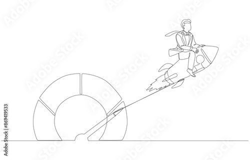 Continuous one line drawing of businessman riding rocket to pull pointer of performance gauge to higher value, increase work efficiency concept, single line art.
