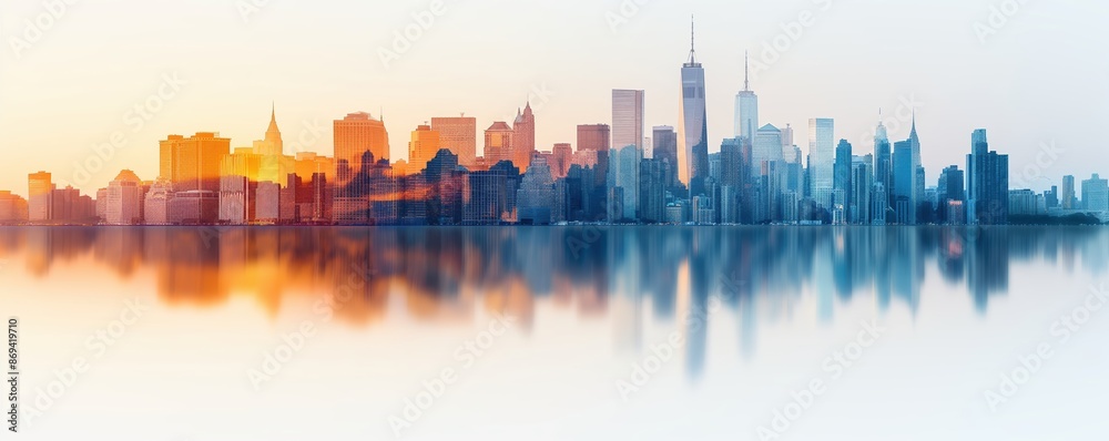 Fototapeta premium Cityscape reflections focus on, urban vibrancy, surreal, double exposure, skyline backdrop