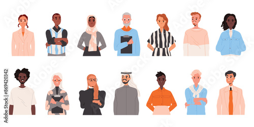 Set of different business people. Portraits of multiracial characters of various genders and generations. Avatars of young and adult men and women. Flat vector illustration isolated on background
