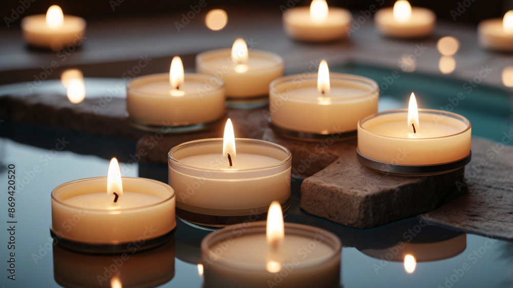 Spa, beauty treatment and wellness with massage stones, flowers, towels and burning candles. Spa, beauty treatment and wellness with massage stones, flowers, towels and burning candles.
