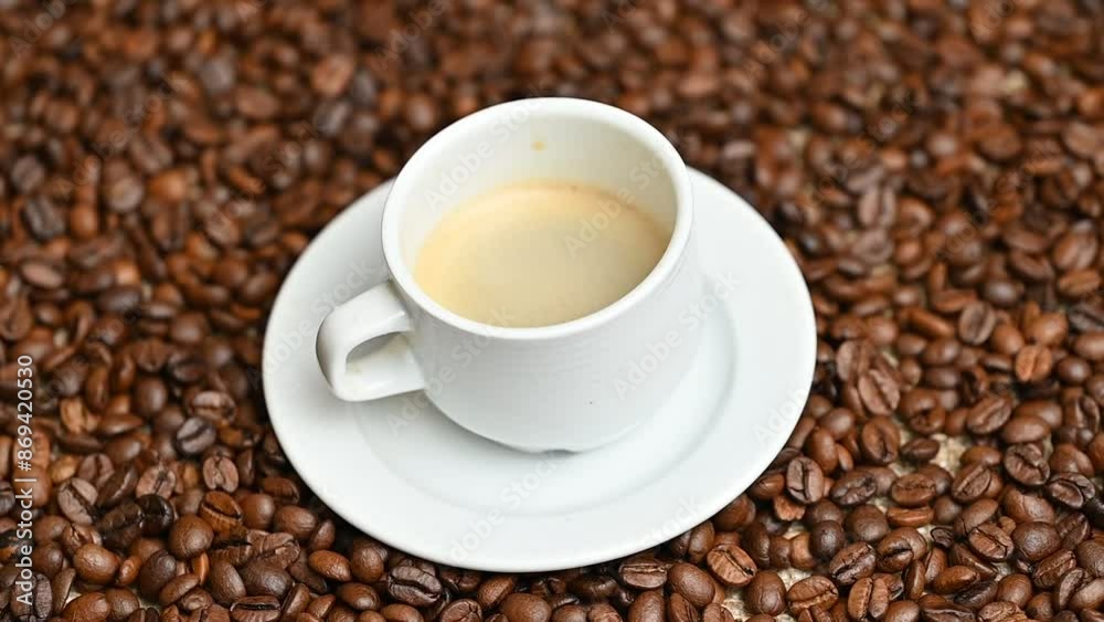 background of rotating coffee beans with cup background of rotating coffee beans with cup