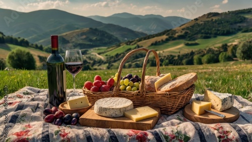 An idyllic picnic setup in a mountain meadow, with rolling hills and vibrant flowers providing a picturesque backdrop, elegant picnic blanket, assortment of cheeses, olives, fresh bread, bottle of