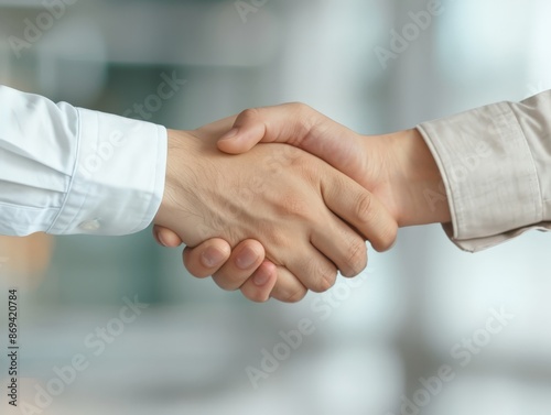 Successful Business Deal Handshake in Office Setting with Blurred Background