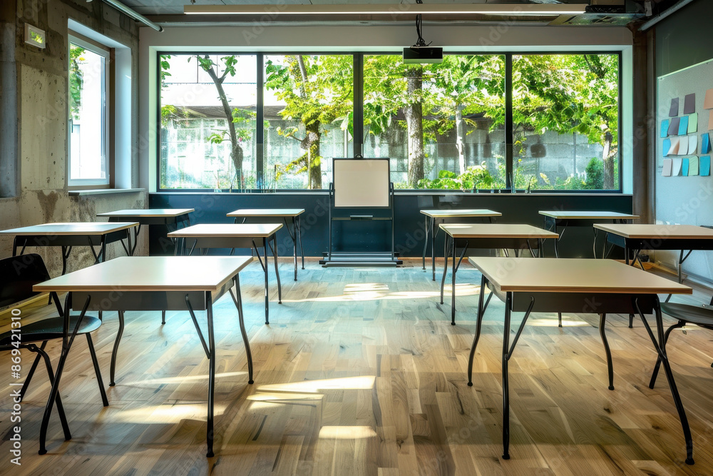Fototapeta premium A classroom with a green board and a lot of chairs