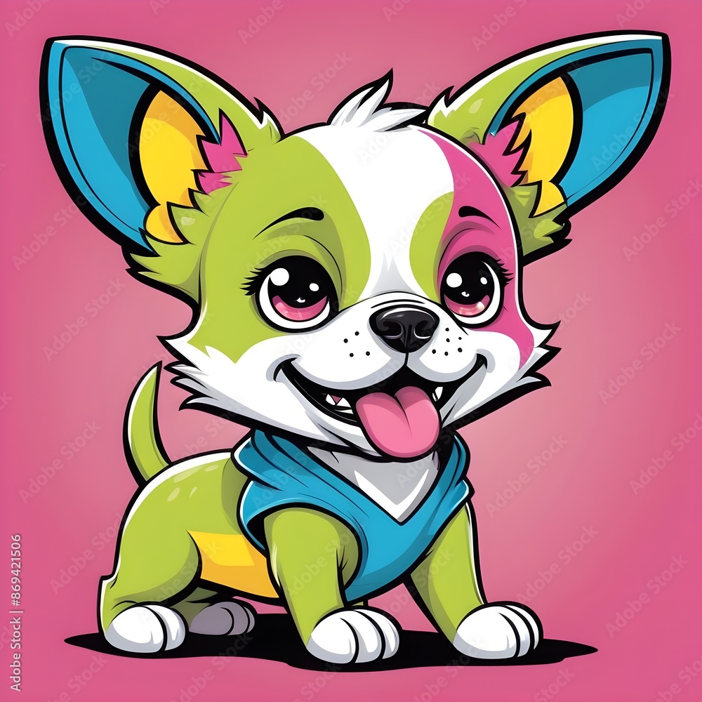 Cute colorful cartoon dog with a happy expression and big ears on a pink background Cute colorful cartoon dog with a happy expression and big ears on a pink background