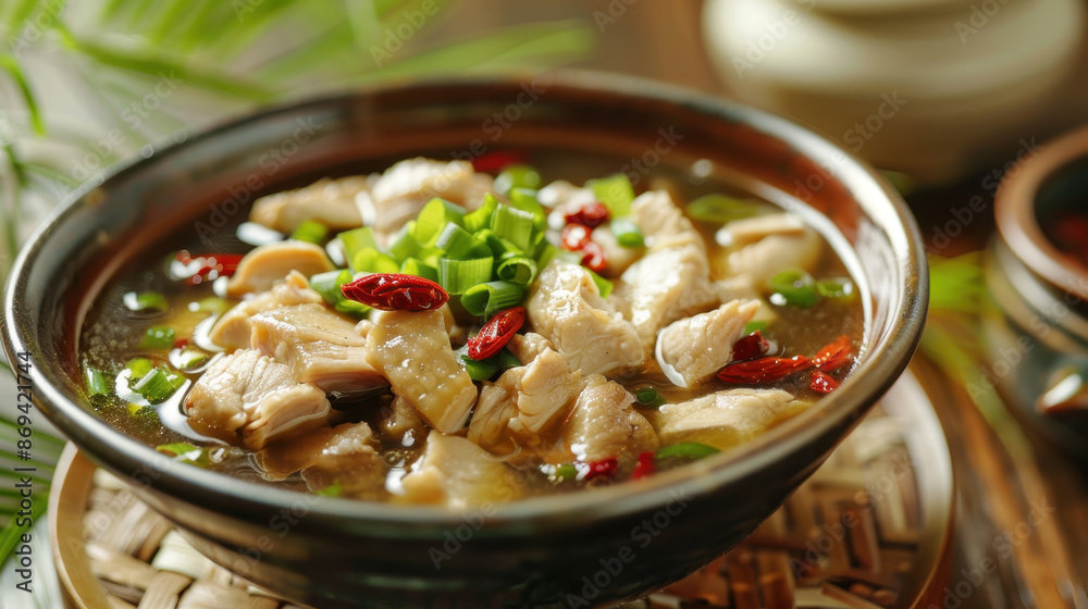 Traditional Chinese Chicken Soup with Green Onions and Red Chili Peppers in Ceramic Bowl Traditional Chinese Chicken Soup with Green Onions and Red Chili Peppers in Ceramic Bowl