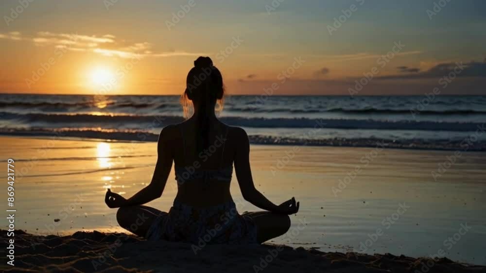 Woman Doing Yoga at Sunset on Beach Woman Doing Yoga at Sunset on Beach
