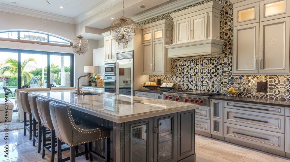 A luxurious kitchen with a large island, high-end appliances, and a backsplash of intricate mosaic tiles. A luxurious kitchen with a large island, high-end appliances, and a backsplash of intricate mosaic tiles.