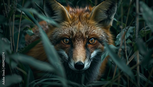 A close-up of a red fox peering through dense foliage, capturing the wild and inquisitive nature of this beautiful animal in its natural habitat.