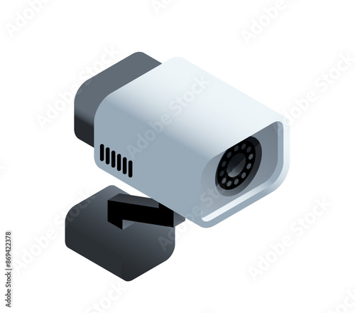 Isometric security camera. Icon with modern equipment or gadget for video surveillance and monitoring. CCTV for safety and protection. 3D realistic vector illustration isolated on white background