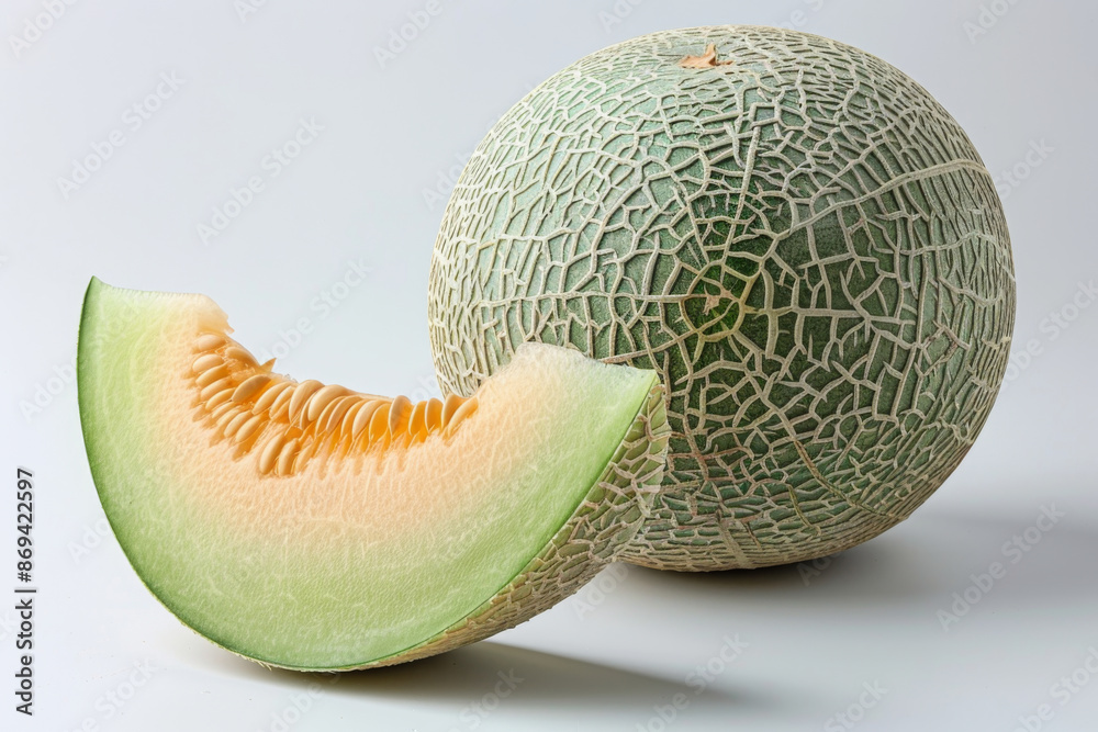 Cantaloupe Melon with Slice on White Background Cantaloupe Melon with Slice on White Background