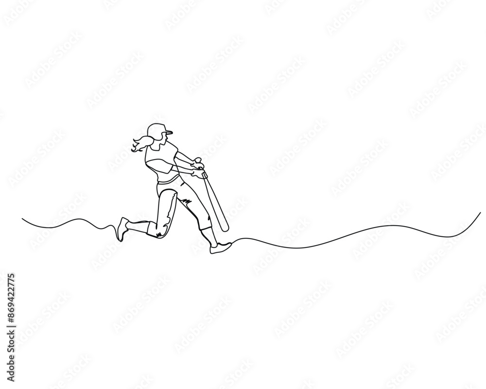 One single line drawing of young energetic woman baseball player practice to hit the ball vector illustration. Sport training concept. Modern continuous line draw design for baseball tournament banner One single line drawing of young energetic woman baseball player practice to hit the ball vector illustration. Sport training concept. Modern continuous line draw design for baseball tournament banner