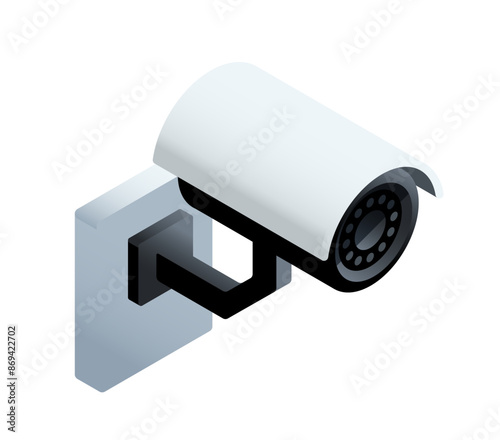Isometric security camera. Digital CCTV for outdoor area observation. Icon with surveillance camera for video monitoring. 3D realistic vector illustration isolated on white background