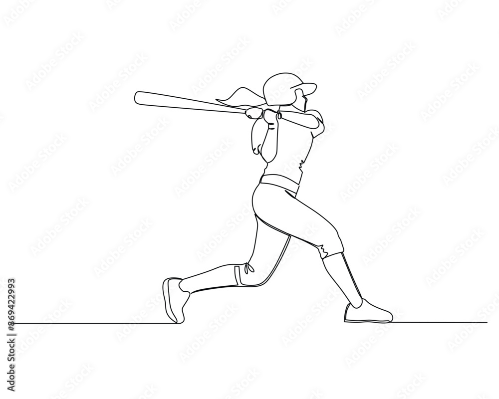 Young energetic woman batter practice to hit the ball. Sport training concept. Modern continuous line drawing illustration for baseball tournament banner design Young energetic woman batter practice to hit the ball. Sport training concept. Modern continuous line drawing illustration for baseball tournament banner design