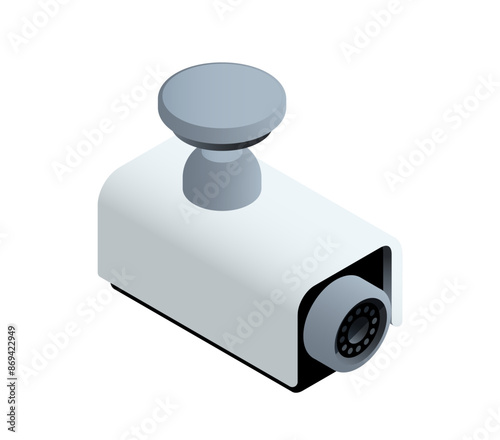 Isometric security camera. Equipment or gadget for video surveillance and monitoring. Icon with CCTV for safety and crime protection. 3D realistic vector illustration isolated on white background