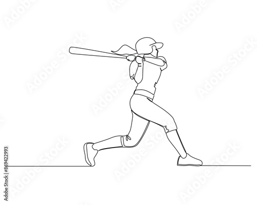 Young energetic woman batter practice to hit the ball. Sport training concept. Modern continuous line drawing illustration for baseball tournament banner design