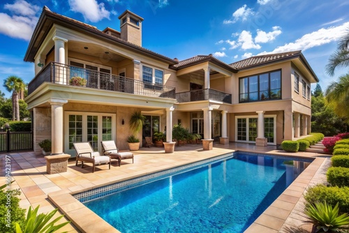 A large house with a pool and a patio