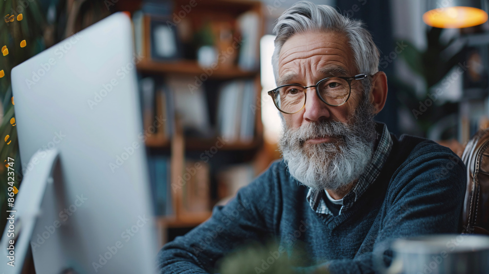 Senior man reading about life insurance options on a computer Senior man reading about life insurance options on a computer