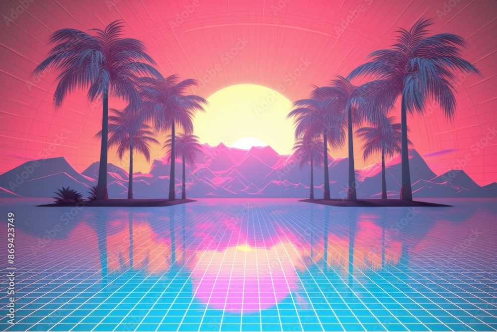 Fototapeta premium Retrowave tropical pool sunset nature plant.