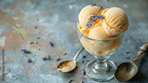 Vanilla ice cream scoops in glass dish with lavender