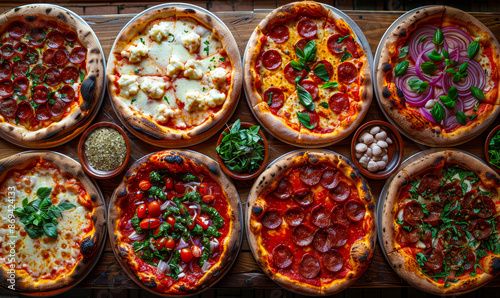 Variety of Delicious Gourmet Pizzas with Fresh Toppings, Pepperoni and Veggies on Rustic Wooden Table - Choose Your Favorite Pizza Concept © Bartek