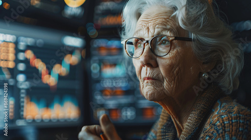 Senior woman using wireless technology to read investment advice