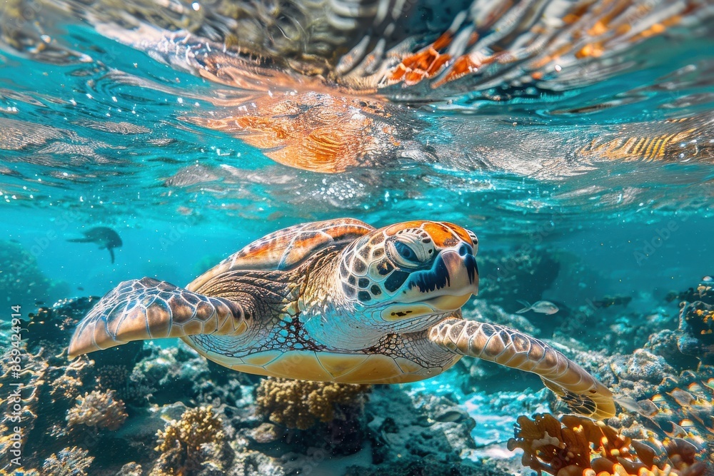 A turtle swimming in the ocean next to a coral reef A turtle swimming in the ocean next to a coral reef