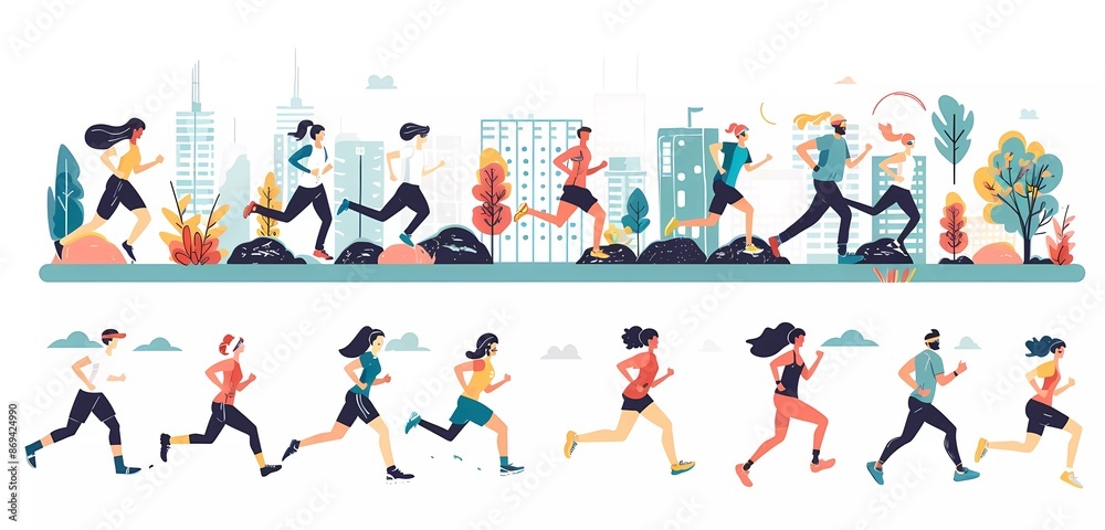 Collection of illustrations with people running, exercising and training in city landscape on white background vector illustration